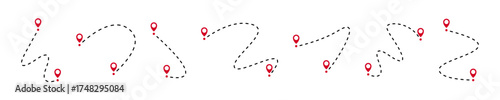 Travel path set. Line path collection. Way and location pointers. Black dotted line path with red location pin pointers. GPS concept. Vector graphic EPS 10