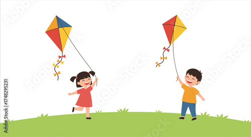 Children happily flying colorful kites on a sunny day