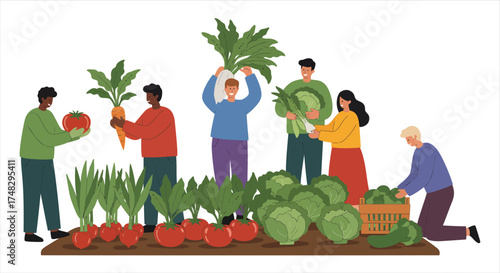Diverse Group Harvesting Fresh Vegetables From Garden Together