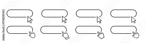 Mouse cursor clicking on frame. Hand pointer clicking icons. Click here web button sign. Isolated website link icon with hand finger arrow clicking cursor. Vector EPS 10