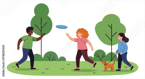 People Playing Frisbee and Walking Dog in Park