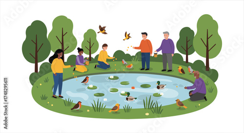 People gather to feed birds by a pond in a park