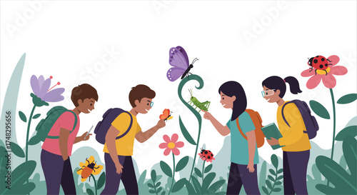 Children Discovering Insects and Flowers in a Garden