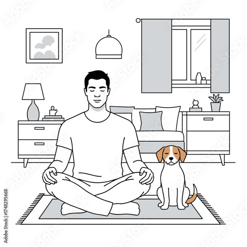 Man meditating on rug with dog in cozy living room setting  