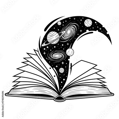 Open book with galaxies and planets emerging in black and white  