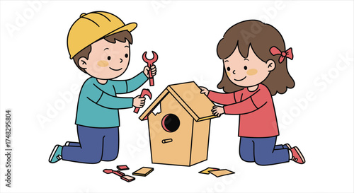 Children building a birdhouse together