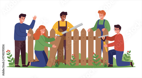 Community Members Building a Wooden Fence Together Outdoors