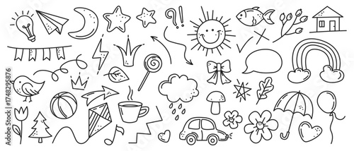 Hand drawn linear sketches of shapes, star, sun, heart, fish, flower, arrow, cloud, crown, plant elements. Simple line style elements. Vector illustration, editable strokes