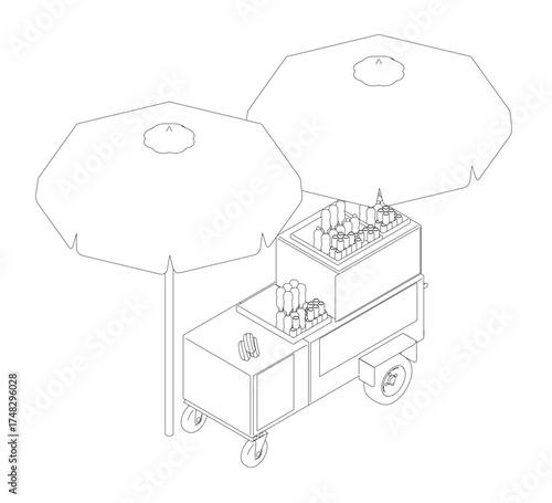 A hotdog cart with two open umbrellas provides shade in this clean contour line drawing. The rectangular food cart on four wheels stands against a white background. Isometric view