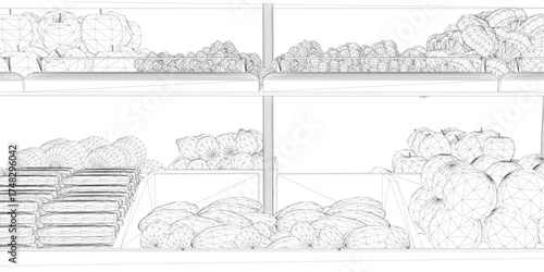 A black and white wireframe drawing of a grocery shelf neatly stocked with a wide variety of different food items.