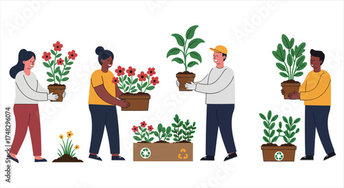People planting and caring for plants outdoors