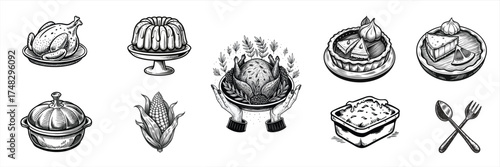A collection of black and white illustrations featuring Thanksgiving food items like turkey, corn, pies, and a bundt cake.