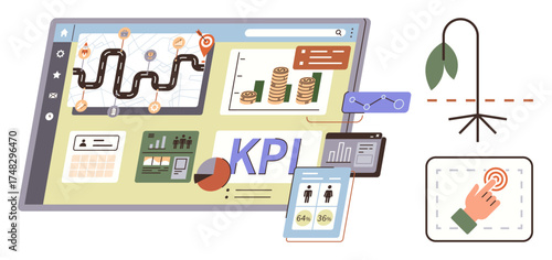 Interactive dashboard featuring graph trends, financial charts, and KPI data for performance tracking. Ideal for business planning, analytics, decision-making, finances, team strategy, goal setting