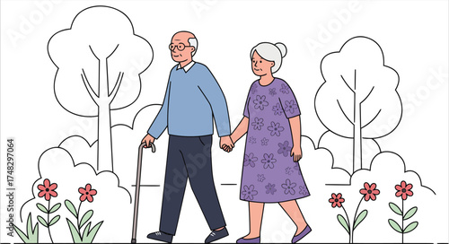 Elderly Couple Walking Hand in Hand in a Park