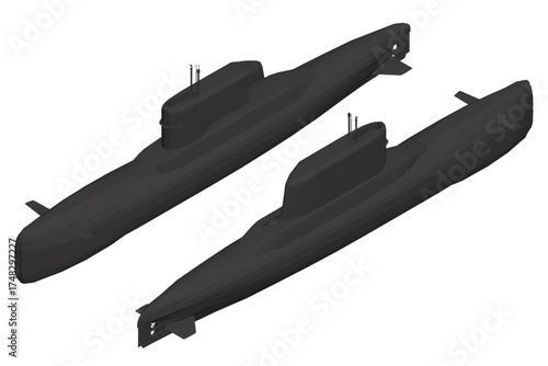 Two low poly submarines navigate through clean white space with animated movement. The minimalist polygonal design creates a dynamic and modern digital illustration.