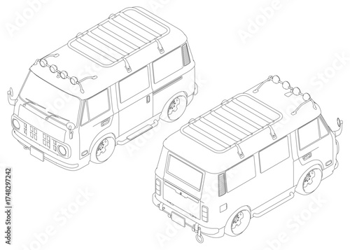 Two minibus vans sketched in detailed contour style on a white background. Each vehicle features a unique design. Isometric view. 3D