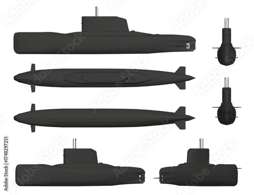 Low poly black submarines with glossy finish arranged symmetrically on a bright white background.