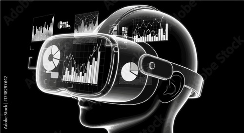 Immersive virtual reality headset displaying dynamic financial charts and data visualizations for futuristic business analysis and innovation