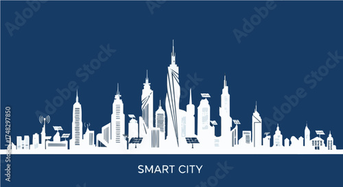 Futuristic smart city skyline with modern architecture and renewable energy integration, symbolizing innovation and urban progress.