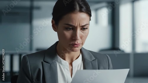 A concerned businesswoman with a furrowed brow reads a difficult report in the office, looking down with a sad and troubled expression
