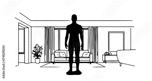 Confident silhouette of a person standing in a modern, sunlit living room, conveying presence and domestic tranquility. Ideal for lifestyle and interior design concepts.