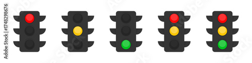 Traffic lights icons. Red green and orange traffic lights colors. Traffic control lights. Crossroad regulation. Vector illustration design EPS 10