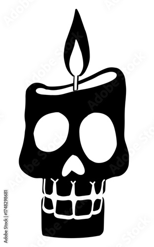 Flat vector black silhouette of Halloween skull candle with eerie details. Great for posters, cards, decorations, packaging, digital art, and spooky festive projects.