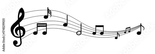 Music notes wave. Music melody wave. Musical notes icons. Music melody with notes isolated on transparent background. Vector EPS 10