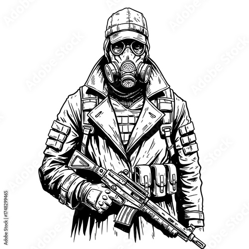 Apocalyptic Warrior in Hazmat Gear – Tactical Masked Survivor with Military Jacket Vector Drawing

