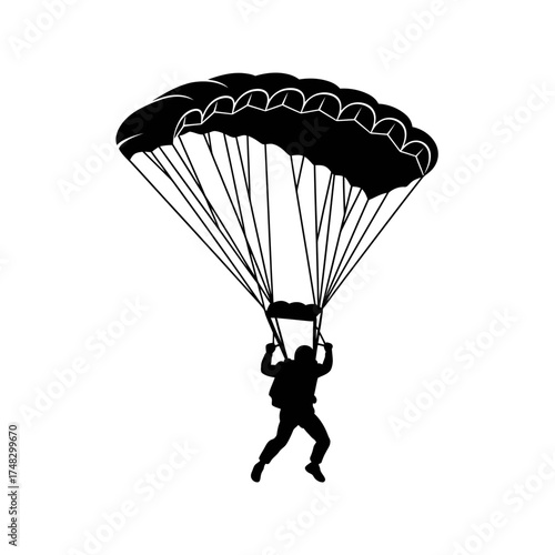 Skydiver Silhouette Illustration – Black Vector of Parachute Jumper Figure in Free Fall Descent

