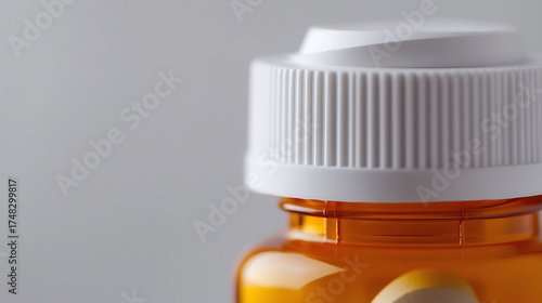 Medicine bottle with safety cap. The container, holding prescribed pills, sits against a neutral background. Focus on health, safety, and medical care concepts.