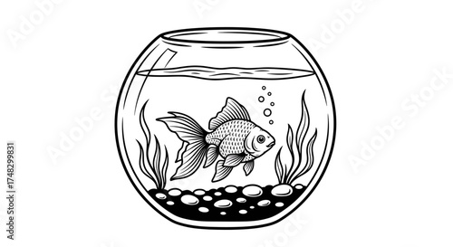 Goldfish in Bowl Illustration – Hand-Drawn Black and White Line Art of Aquarium Pet with Plants and Pebbles


