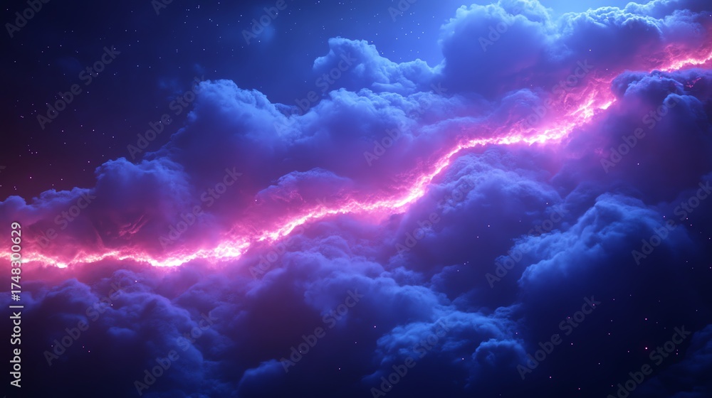 Fototapeta premium Vivid Cosmic Cloudscape with Lightning in Deep Blue and Pink Sky