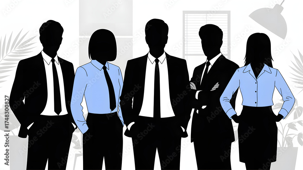 Silhouette illustration of five business people in suits standing together indoors in an office setting abstract background |  seamless patterns