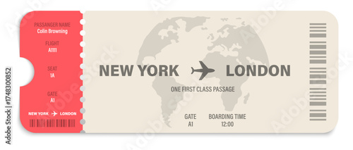 Plane ticket illustration. Airline ticket template. Flight boarding pass. Airway ticket. Airline coupon. Vector graphic EPS 10