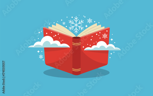 Winter storybook illustration with snowflakes and clouds for christmas season