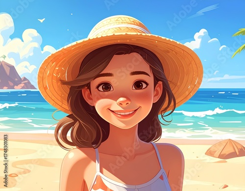 Cartoon illustration of a smiling girl wearing a hat on the tropical beach.