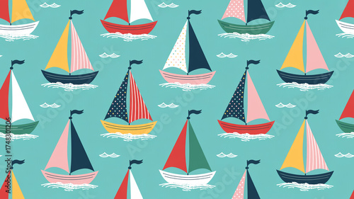 Digital illustration of sumud flotilla naval fleet, boats with colorful sails.