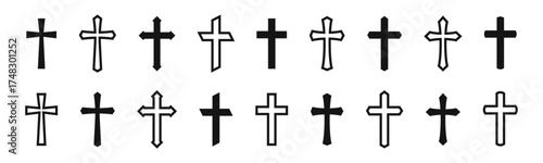 Christian cross icon collection. Christianity symbol set. Flat black christian cross icons. Christian cross different shapes. Vector graphic EPS 10