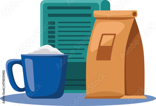 Coffee or tea ingredients with blue mug, brown paper bag, and green box vector illustration