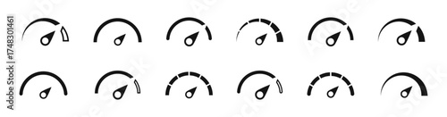 Speedometer icon set. Speedometer and tachometer icons set. Dashboard icon collection. Performance indicator signs. Control panel icons. Vector graphic EPS 10