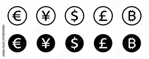 International currency symbol icons isolated on transparent background. Currency symbols. Euro, dollar, Pound, Yuan, Bitcoin.  Money kind icons. Vector graphic EPS 10