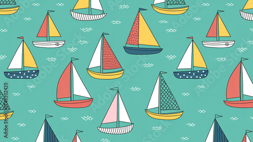 Digital illustration of sumud flotilla naval fleet, boats with colorful sails.
