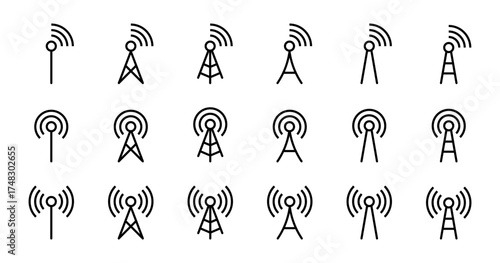 Antenna icon set. Radio antenna icon. Radio tower icons. Communication towers collection. Transmitter receiver wireless signal icons. Vector EPS 10