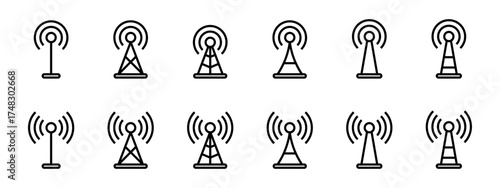 Radio antenna icon. Antenna icon set. Radio tower icons. Communication towers collection. Transmitter receiver wireless signal icons. Vector EPS 10