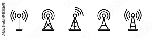 Antenna icon set. Radio antenna icon. Communication towers collection. Radio tower icons. Transmitter receiver wireless signal icons. Vector EPS 10