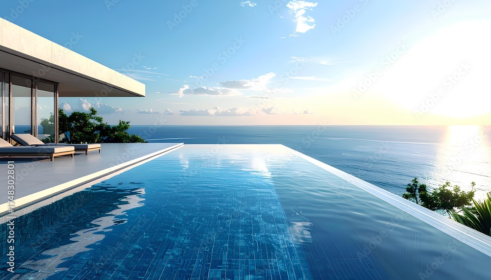 Fototapeta premium Luxury resort swimming pool overlooking the calm blue sea on a sunny day. Relaxing tropical vacation destination with ocean view, palm trees, and peaceful atmosphere.