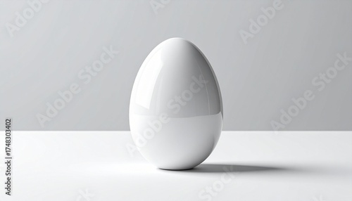 Single smooth white egg-shaped object with glossy finish on flat white surface, light gray background.