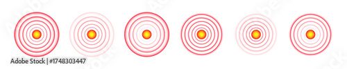 Pain circle icon set. Pain circles. Pain concentration. Injury location pointer. Injury red circles. Vector