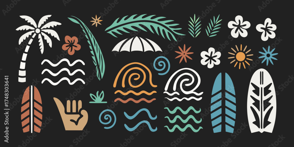 Obraz premium Collection of tropical and surfing elements with palm trees waves and surfboards